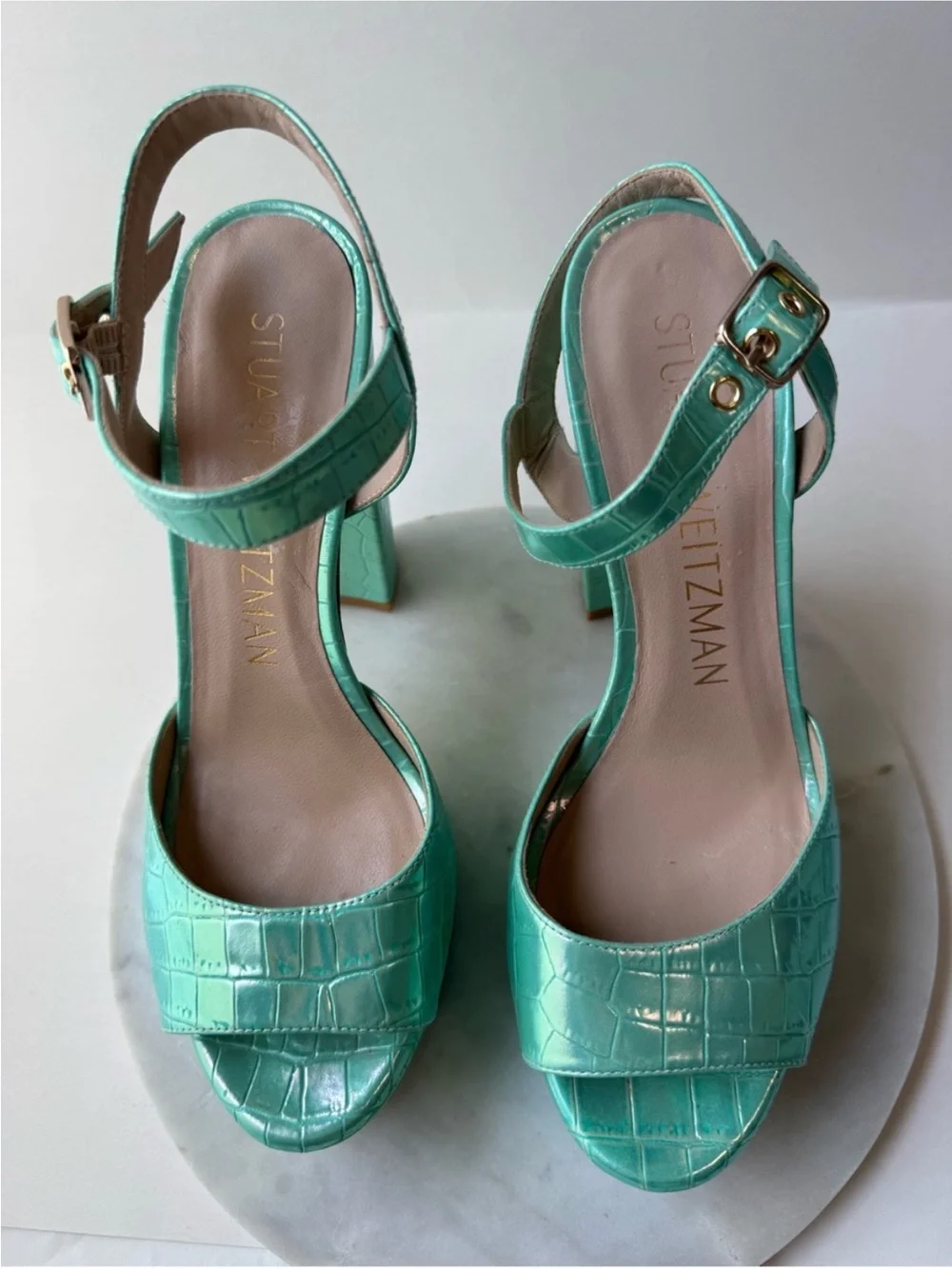 Stuart Weitzman Ryder Aqua Croc-Embossed Platform Sandals